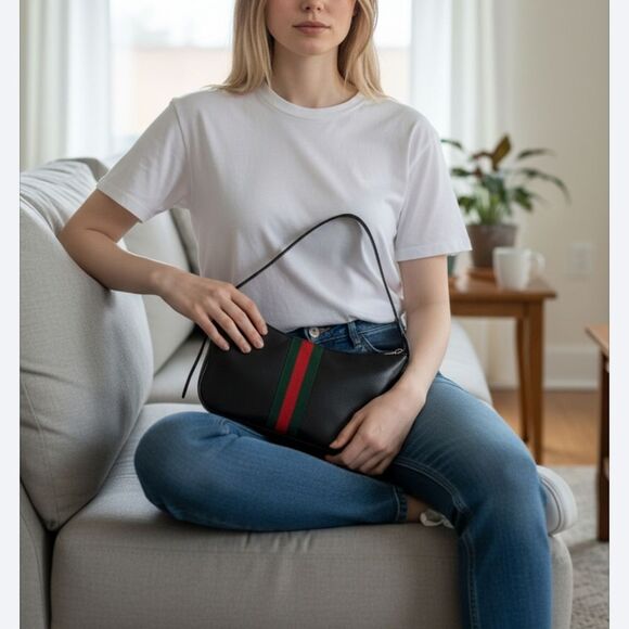 Gucci Designer Lunetta leather Purse Trimmed Jacquard Shoulder Bag Green Red - Picture 12 of 13